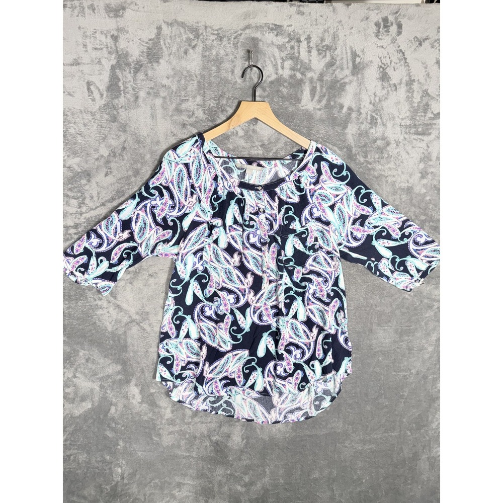 Valerie Stevens Womens Blouse L Navy Multicolor Paisley‎ Rayon 3/4 Sleeve V Neck